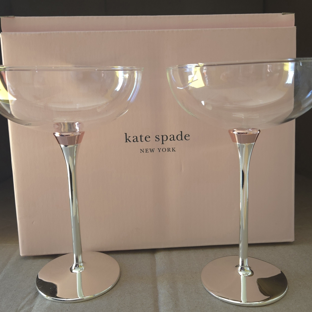 Kate Spade Rose Glow Champagne Glasses with Silver Stems And Pink Accent